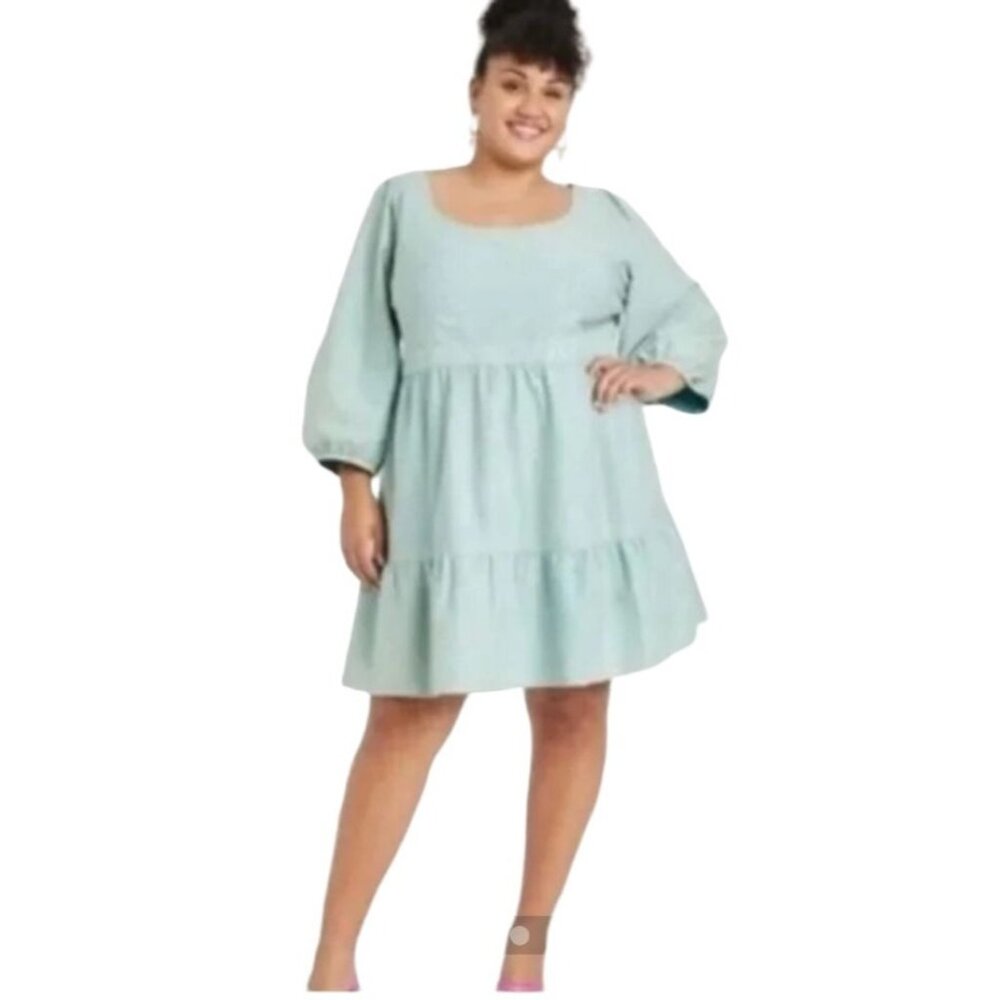 Ava & Viv womens mini‎ dress plus size 3X teal blue color ballon sleeve nwot